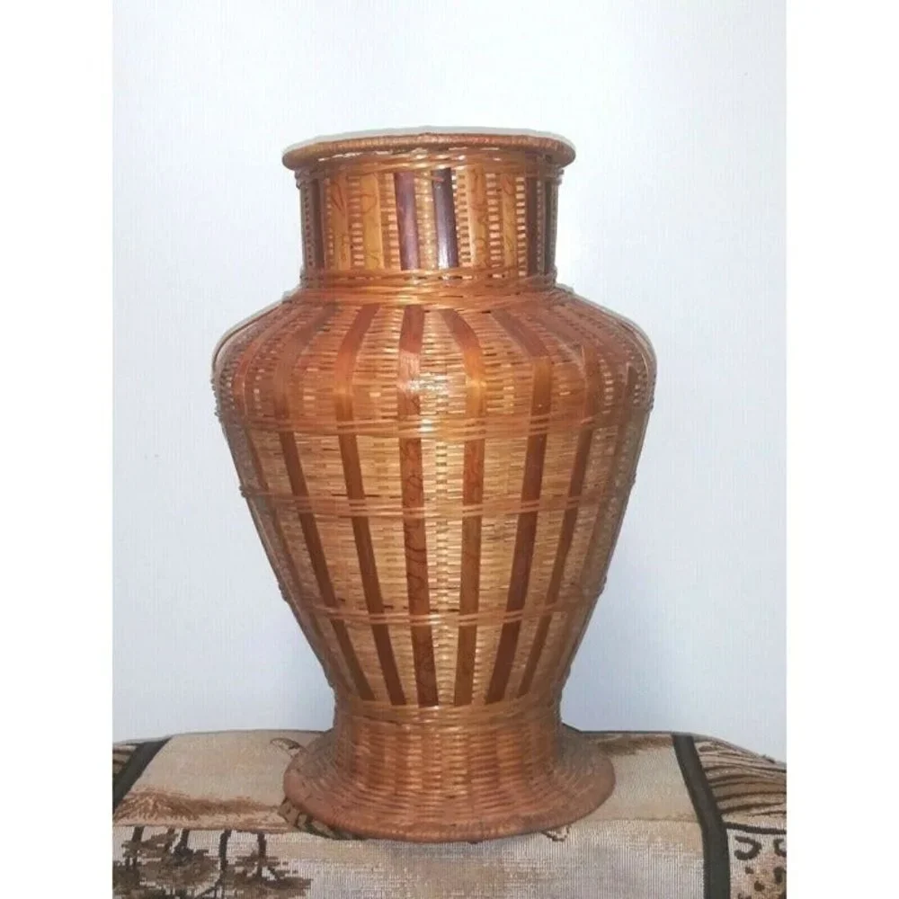 Vintage wicker Vase Bamboo rattan 13.5